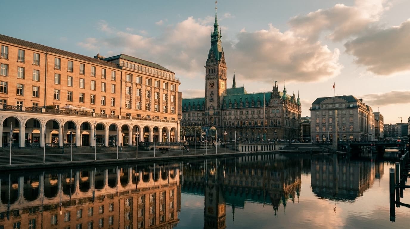 El Ayuntamiento de Hamburgo con su cúpula de cobre verde y su torre, reflejado en el Alster, junto a los Alsterarkaden, sede del mercado cultural en Rathauspassage