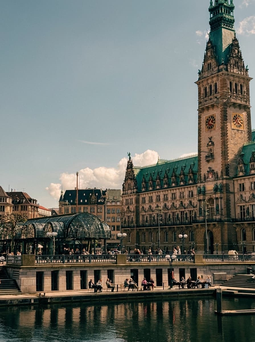 Der Turm des Hamburger Rathauses mit den goldenen Uhren, die Alsterarkaden und die Terrasse am Wasser im warmen Licht