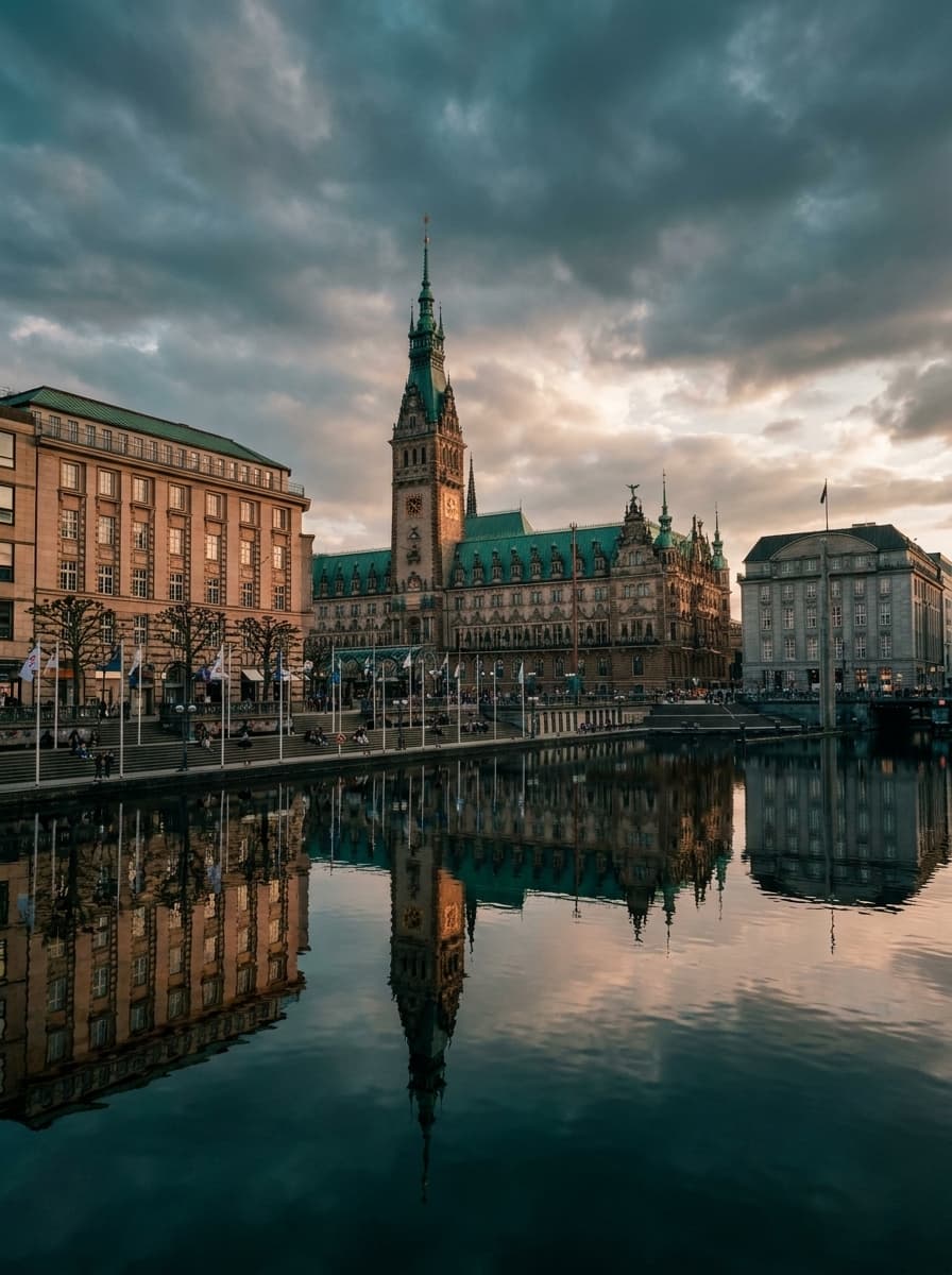 Das Hamburger Rathaus, gespiegelt in der Alster unter dramatischem Himmel