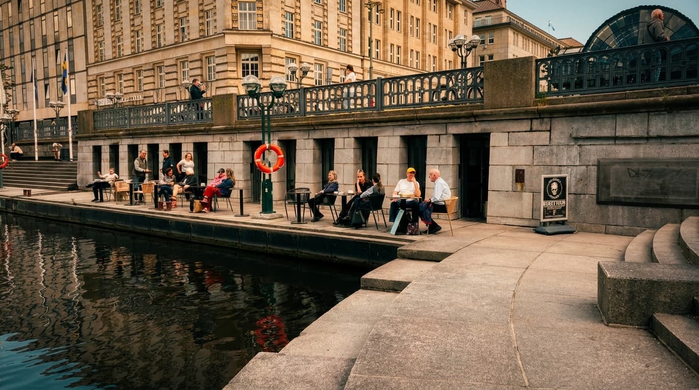 La terraza junto al agua frente a Rathauspassage Hamburg, el lugar del mercado cultural