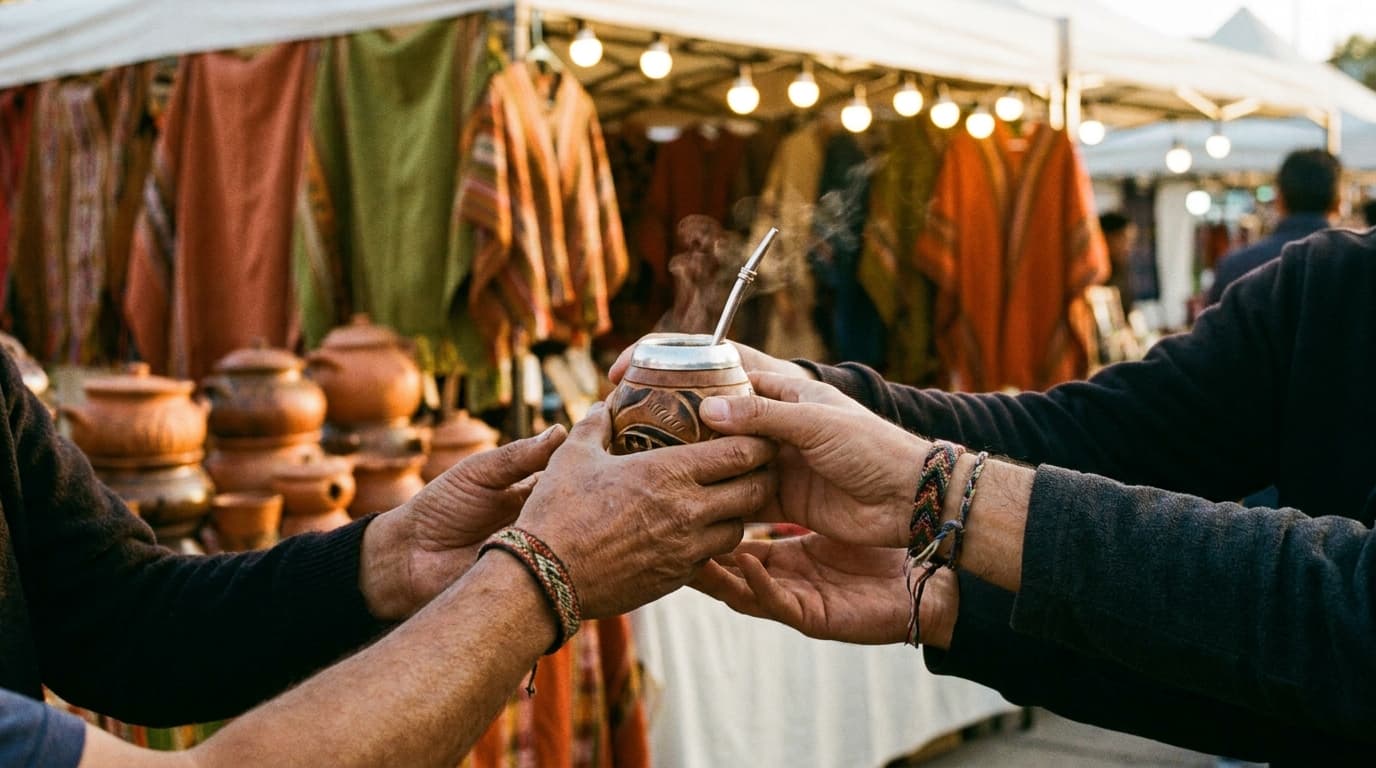 Hände reichen eine Mate Kalebasse in der Runde auf einem lateinamerikanischen Kunsthandwerkermarkt