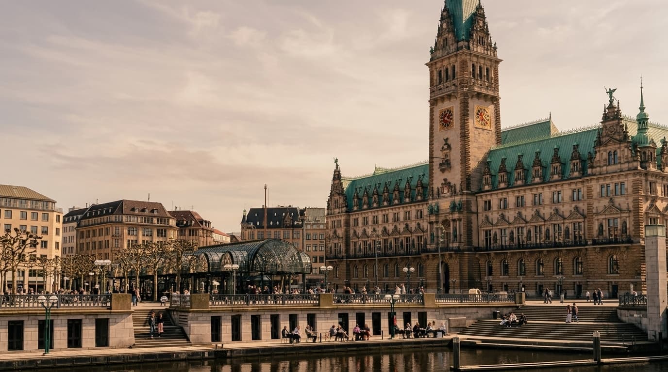 Das Hamburger Rathaus im warmen Abendlicht, der Ort des Kulturmarkts in der Rathauspassage