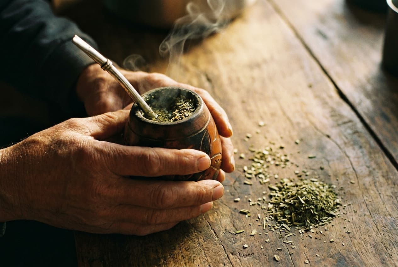 Hände halten eine Mate Kalebasse mit Bombilla, Dampf steigt auf