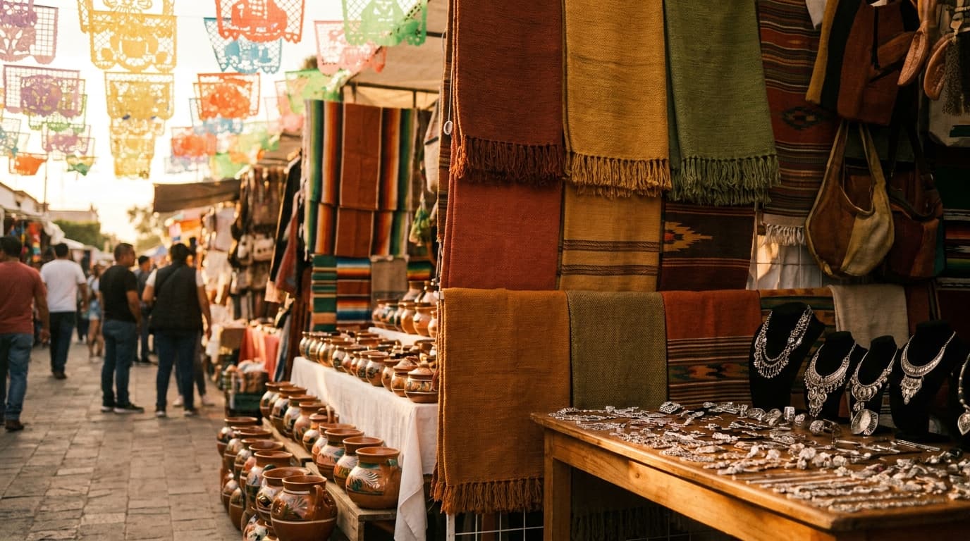 Lateinamerikanischer Kunsthandwerkermarkt mit Textilien, Keramik und Silberschmuck