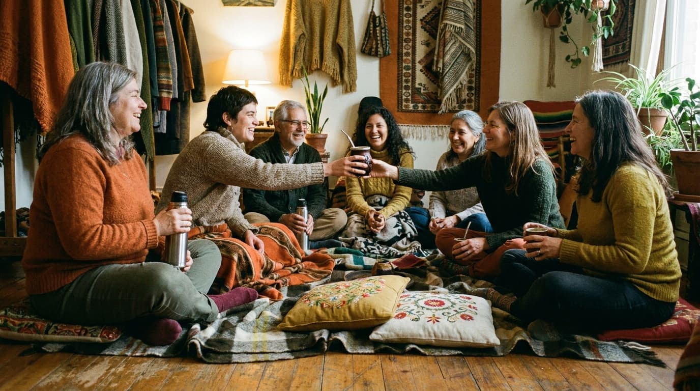 Menschen sitzen in einer warmen Runde zusammen und teilen Mate