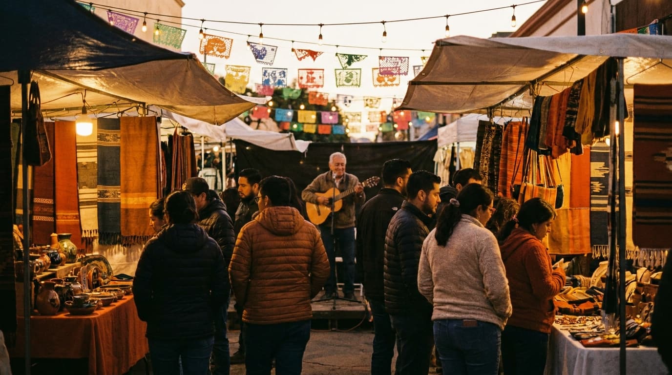 Abendlicher Kulturmarkt mit Lichterketten