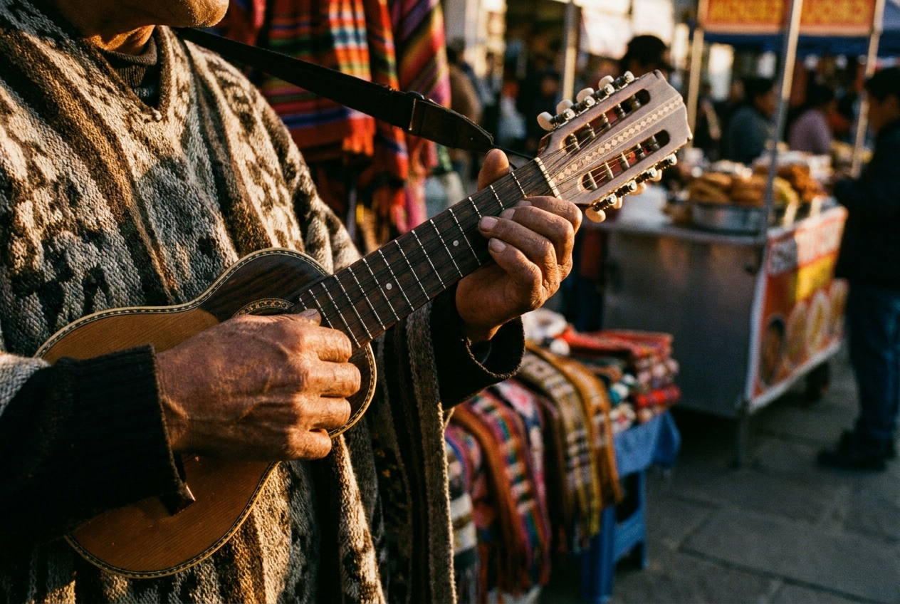 Hände spielen ein Charango am Markt