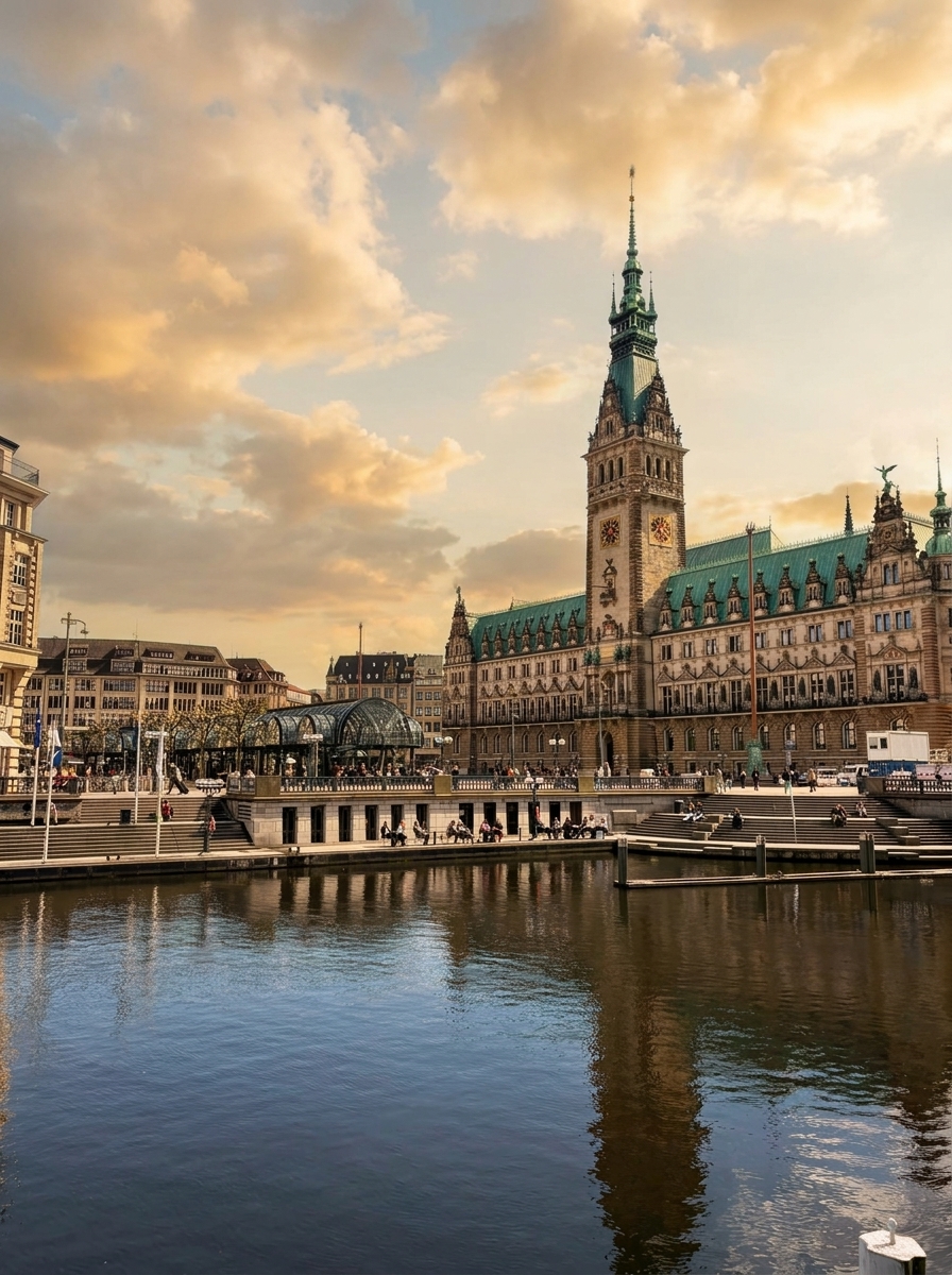 El Ayuntamiento de Hamburgo sobre el Kleine Alster bajo un cielo cálido al atardecer