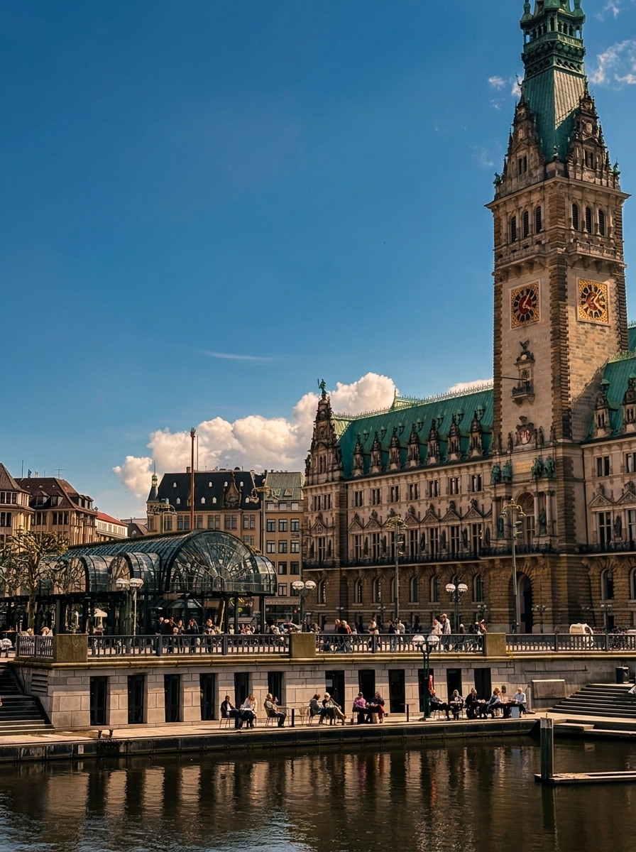 La torre del Ayuntamiento de Hamburgo y el pabellón de cristal de las Alsterarkaden junto al canal