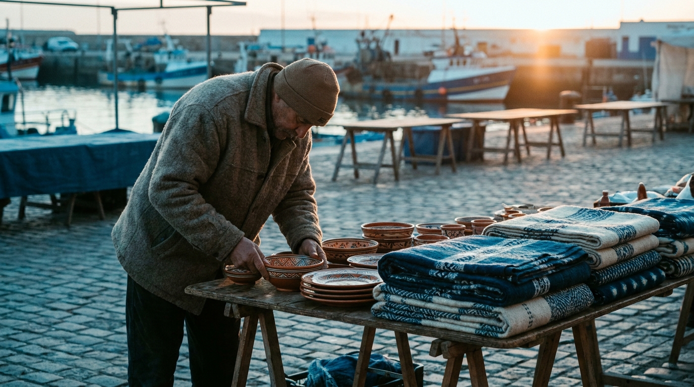 Aussteller richtet seinen Marktstand am Morgen ein