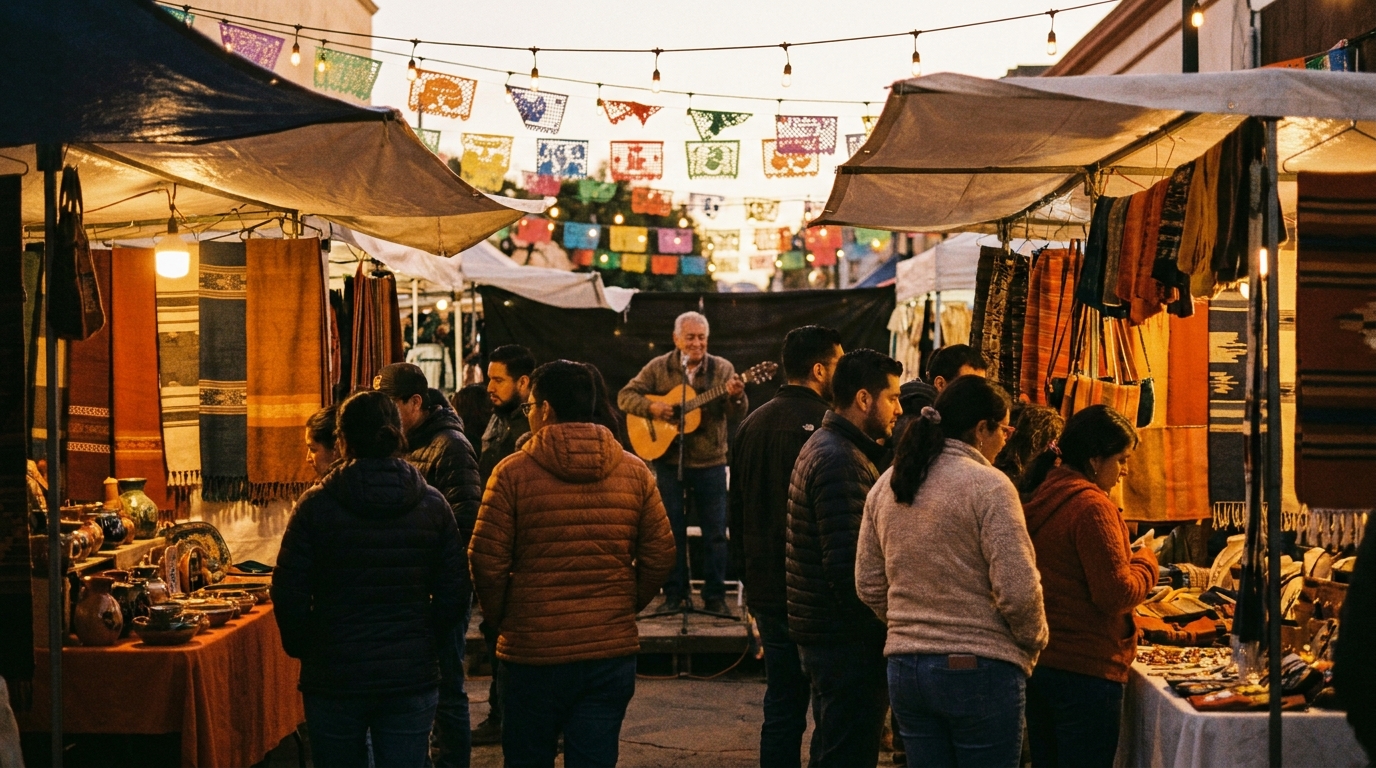 Abendlicher Kulturmarkt mit Lichterketten
